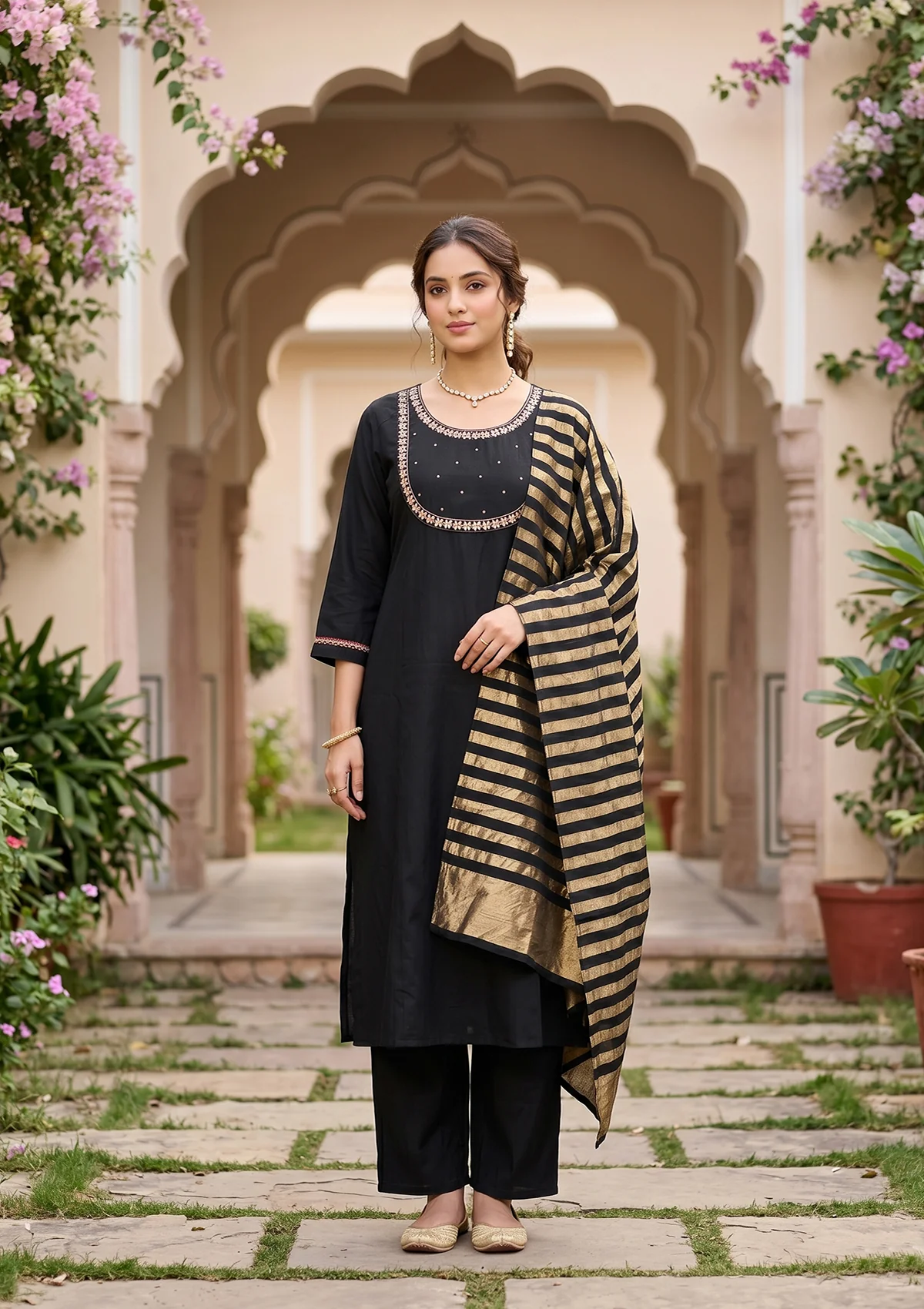 Black Art Silk Cording A Line Kurta With Pant Regular And Dupatta